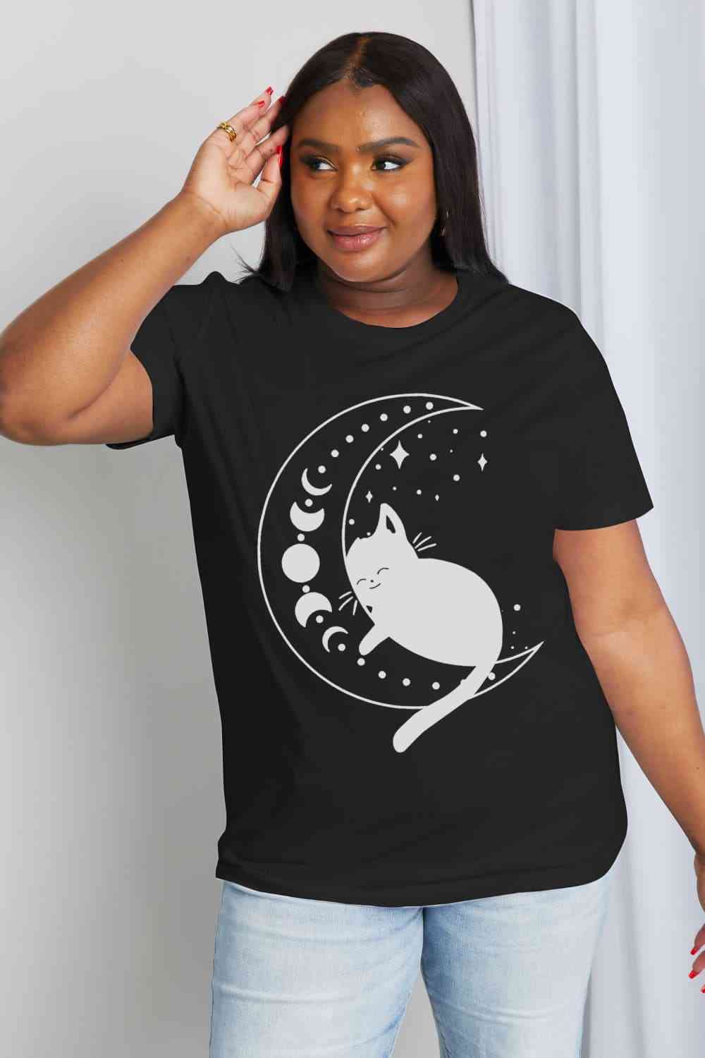 Simply Love Full Size Cat Moon Graphic Cotton Tee Graphic Tees JT's Designer Fashion