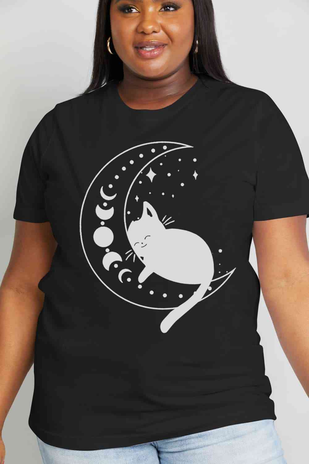 Simply Love Full Size Cat Moon Graphic Cotton Tee Black Graphic Tees JT's Designer Fashion
