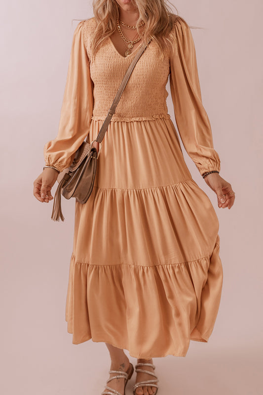 Apricot Pink Smocked V Neck Long Sleeve Ruffle Dress Dresses JT's Designer Fashion