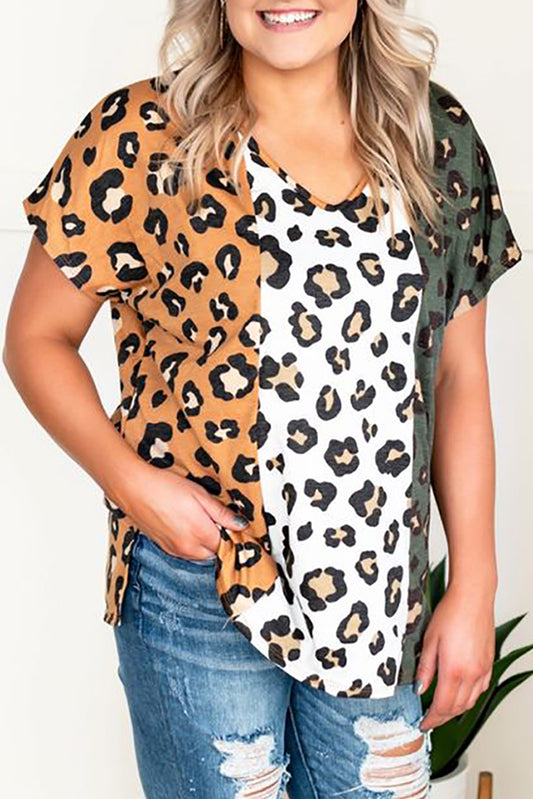 Yellow Plus Size Leopard Print Contrast T-Shirt Plus Size Tops JT's Designer Fashion