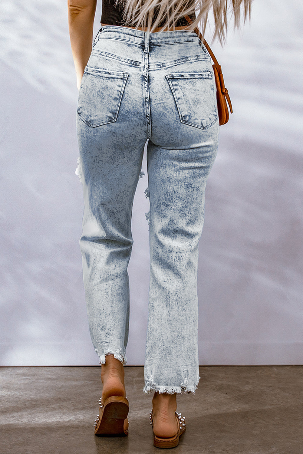 Sky Blue Hollow-out Light Washed Ripped Boyfriend Jeans Jeans JT's Designer Fashion