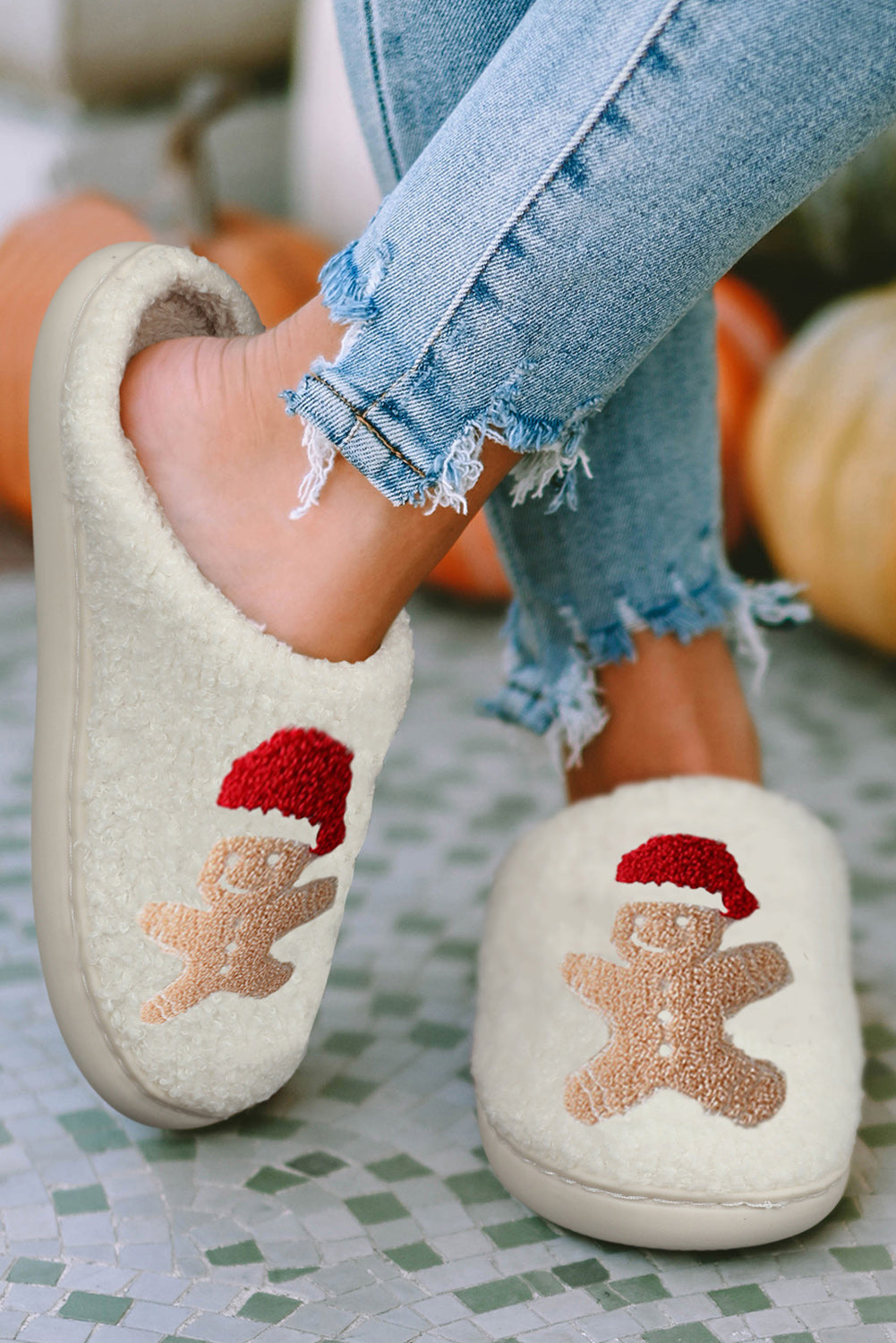 White Christmas Gingerbread Man Plush Home Slippers Slippers JT's Designer Fashion