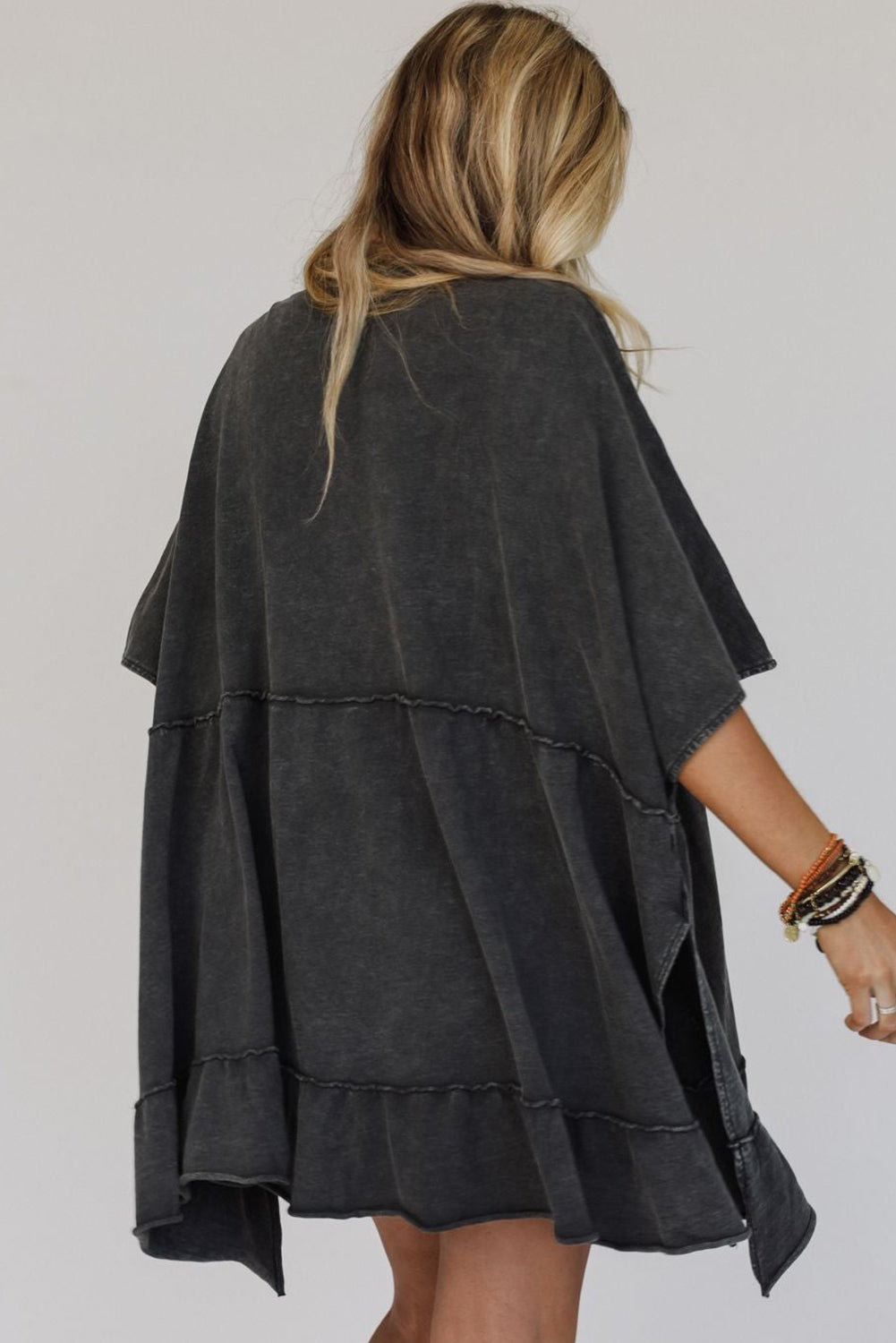 Black Mineral Wash Tiered Frilled Side Slit Oversized Cardigan Outerwear JT's Designer Fashion