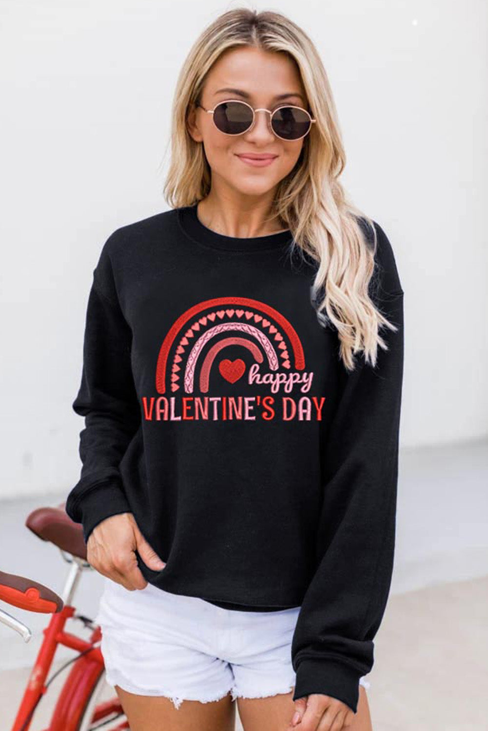Black Happy Valentine's Day Graphic Embroidered Sweatshirt Graphic Sweatshirts JT's Designer Fashion