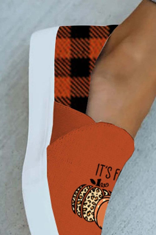 Orange Halloween Letter Pumpkin Plaid Print Slip-on Sneakers Women's Shoes JT's Designer Fashion