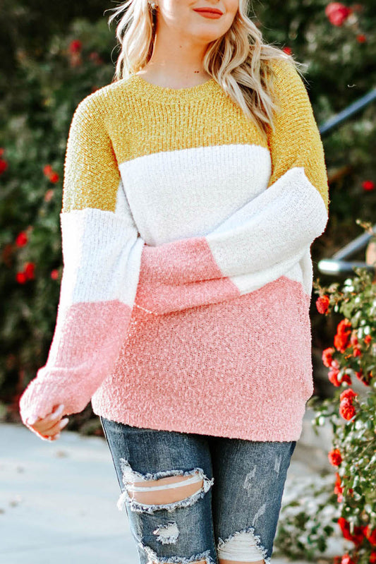 Yellow Colorblock Bubble Sleeve Plus Size Sweater Plus Size Tops JT's Designer Fashion