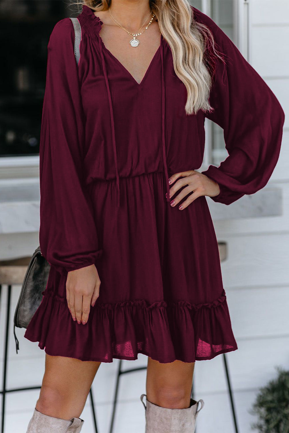 Wine Fiery Red Bubble Sleeve Split Neck Ruffle Tunic Dress Mini Dresses JT's Designer Fashion