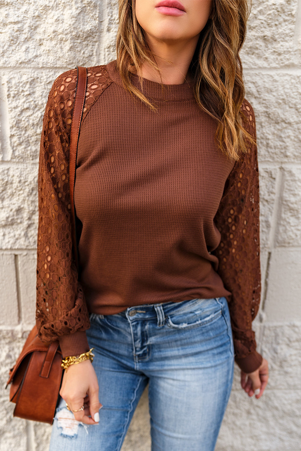 Brown Lace Contrast Long Sleeve Waffle Knit Top Long Sleeve Tops JT's Designer Fashion