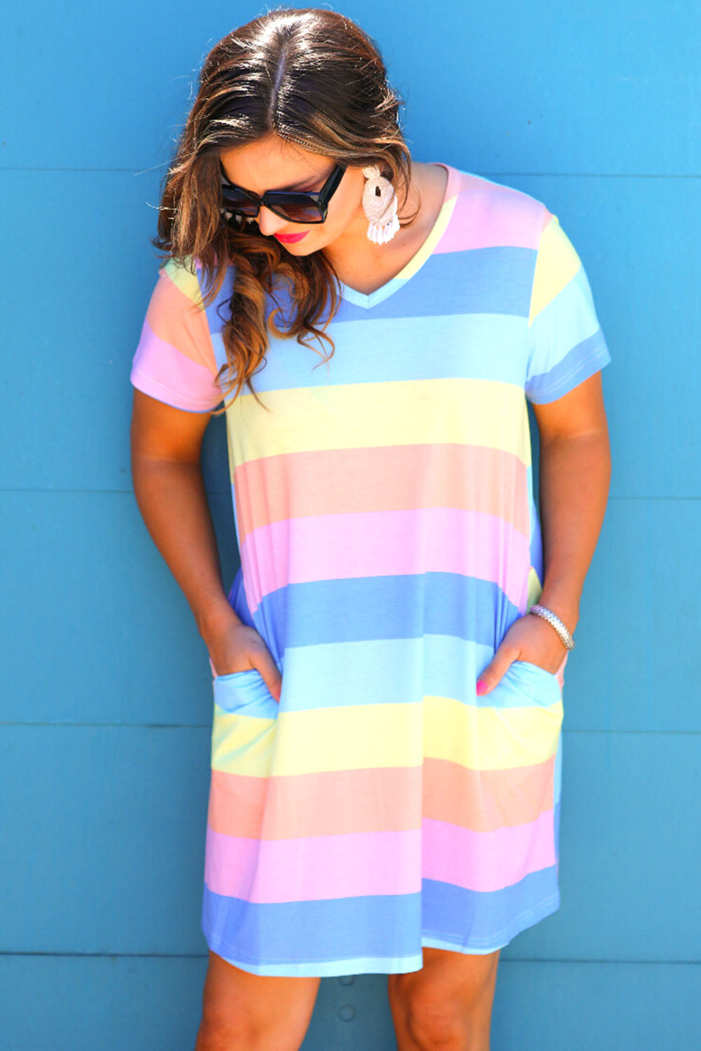 Multicolor Colorblock Pocketed V Neck T-shirt Dress Plus Size Dresses JT's Designer Fashion