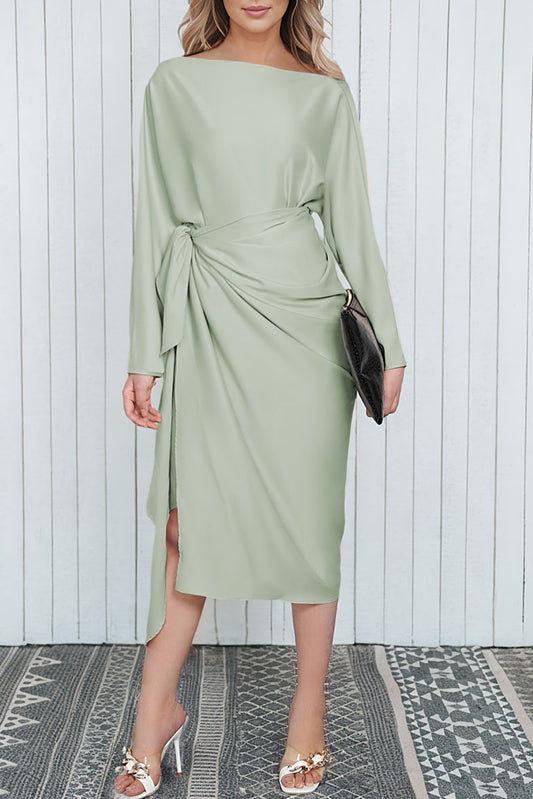 Green Satin Wrap Tie Side Boat Neck Long Sleeve Dress Green 90%Polyester+10%Elastane Evening Dresses JT's Designer Fashion