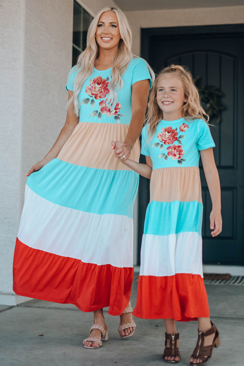 Multicolor Family Matching Floral Color Block Short Sleeve Girl's Maxi Dress Family Dress JT's Designer Fashion