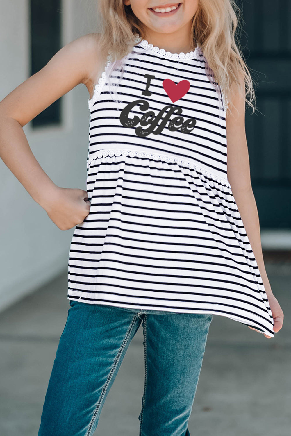 Family Matching I Love Coffee Heart Print Striped Girl's Tank Top Stripe 100%polyester Family T-shirts JT's Designer Fashion
