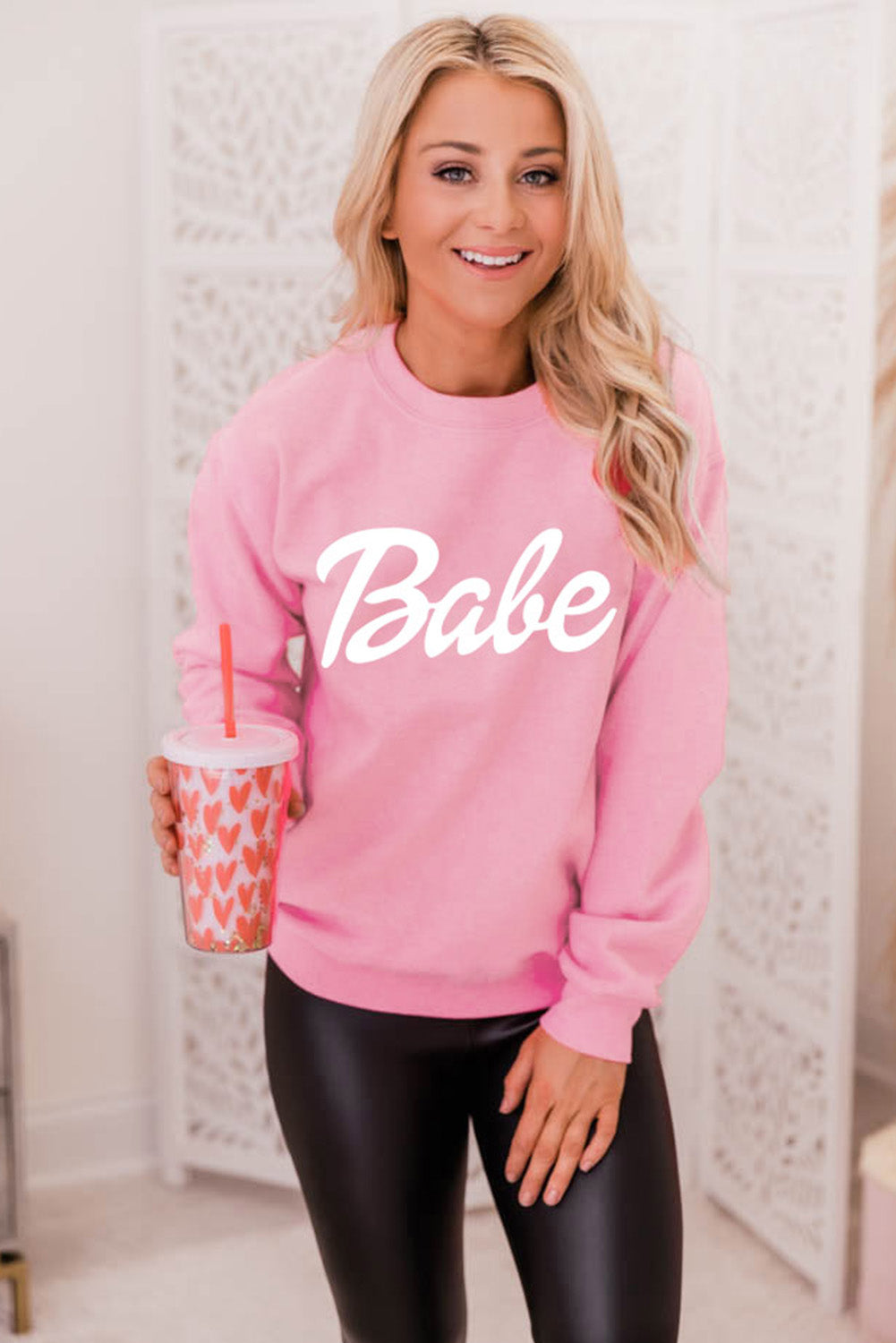 Pink Letters Print Ribbed Knit Trim Sweatshirt Graphic Sweatshirts JT's Designer Fashion