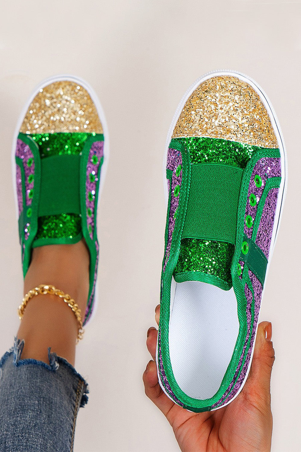 Green Sequin Color Block Slip-on Flat Shoes Women's Shoes JT's Designer Fashion