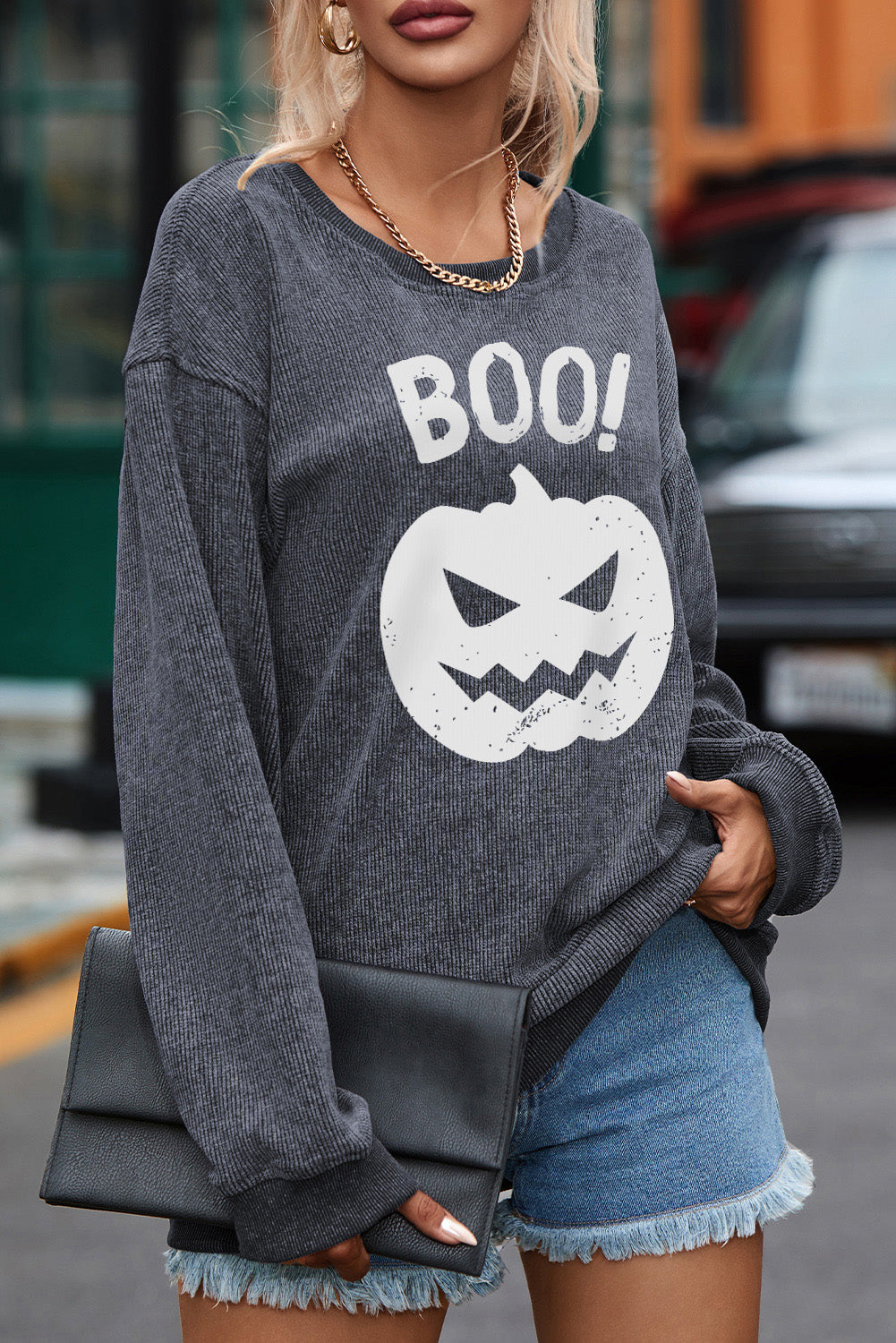 Gray Halloween BOO Pumpkin Face Graphic Corded Sweatshirt Graphic Sweatshirts JT's Designer Fashion