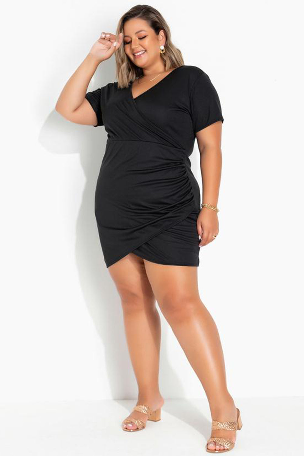 Black Wrap Ruched Short Sleeves Plus Size Mini Dress Plus Size Dresses JT's Designer Fashion