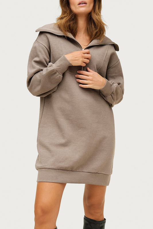 Brown Solid Zipped Big Collar Sweatshirt Dress Dresses JT's Designer Fashion