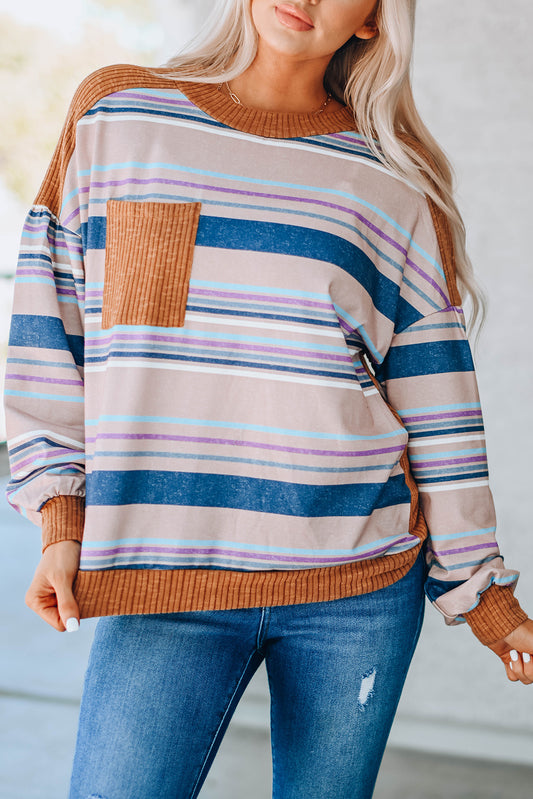 Striped Print Ribbed Knit Patchwork Pullover Top Stripe 95%Polyester+5%Elastane Long Sleeve Tops JT's Designer Fashion