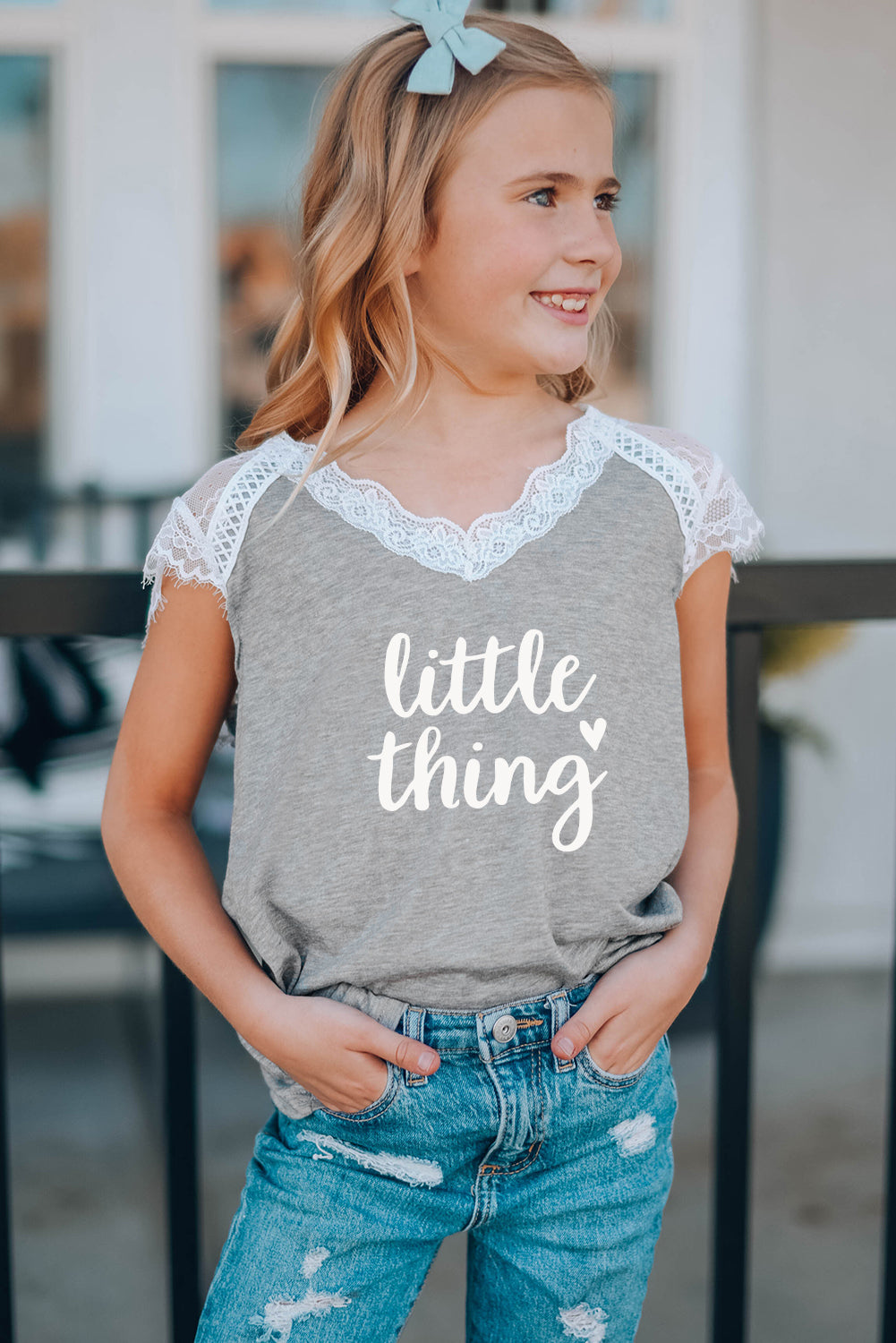 Gray Little Thing Lace Patchwork Short Sleeve Girl's T Shirt Family T-shirts JT's Designer Fashion