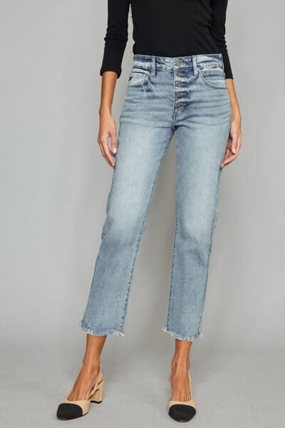 Kancan High Waist Button Fly Raw Hem Cropped Straight Jeans Light Jeans JT's Designer Fashion