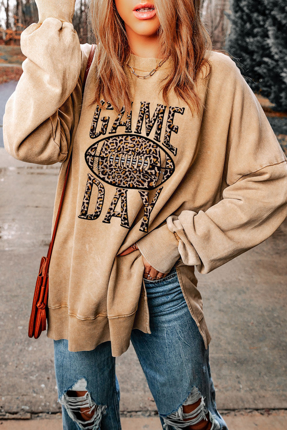 Khaki Loose Leopard GAME DAY Graphic Sweatshirt Graphic Sweatshirts JT's Designer Fashion