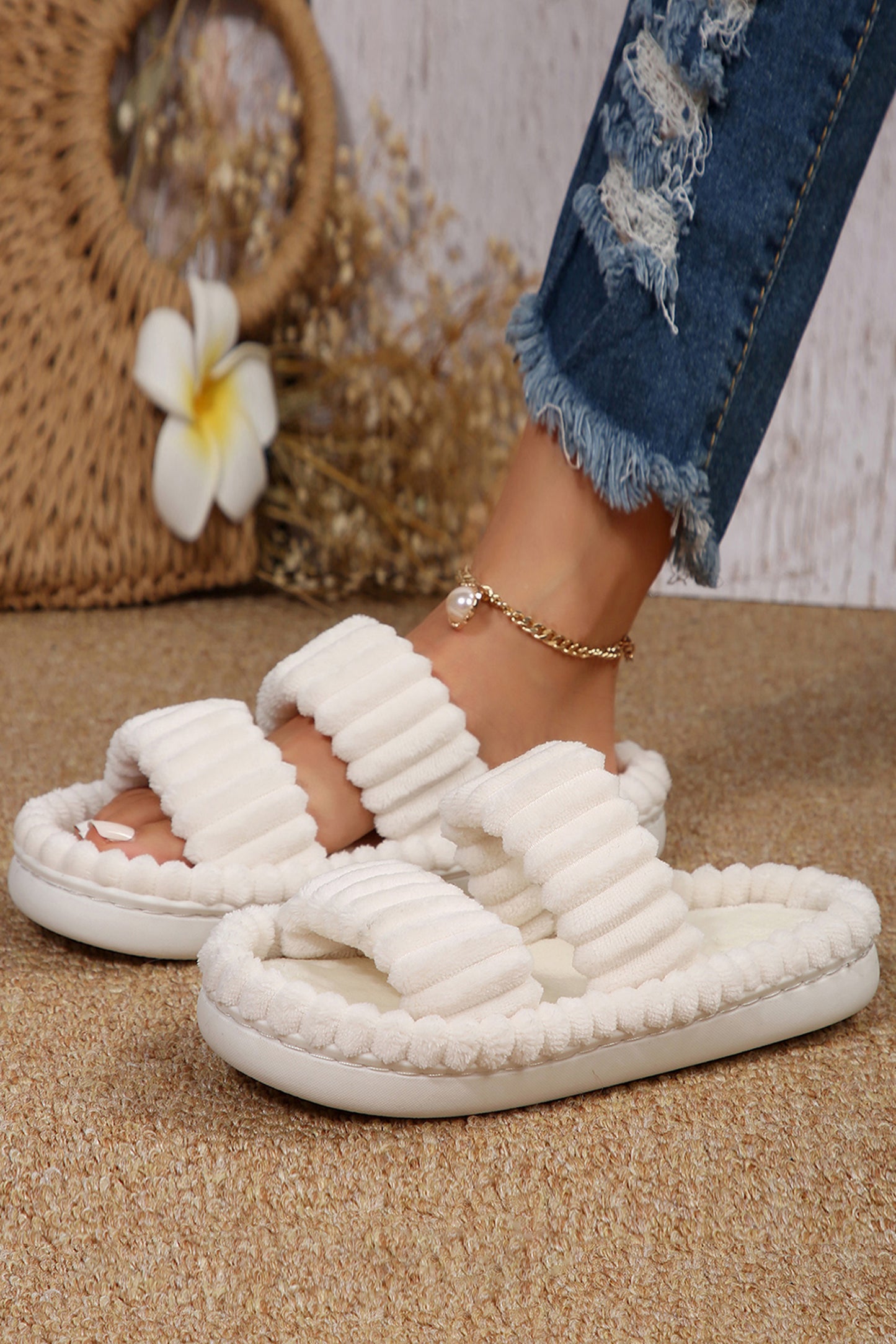 White Soft Ribbed Double Straps Flat Slippers Slippers JT's Designer Fashion