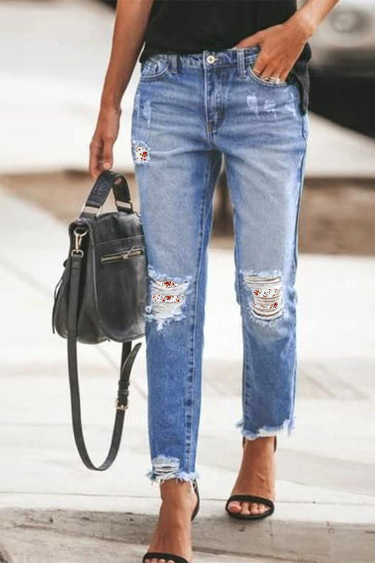 White Floral Patchwork Hollow Out Frayed Hem Ripped Jeans White 75%Cotton+24%Polyester+1%Elastane Jeans JT's Designer Fashion