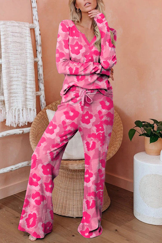 Leopard Floret Print Split Neck Long Sleeve Lounge Set Loungewear JT's Designer Fashion