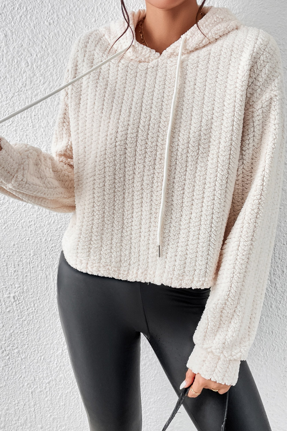 Beige Fuzzy Knitted Drawstring Winter Hoodie Sweatshirts & Hoodies JT's Designer Fashion