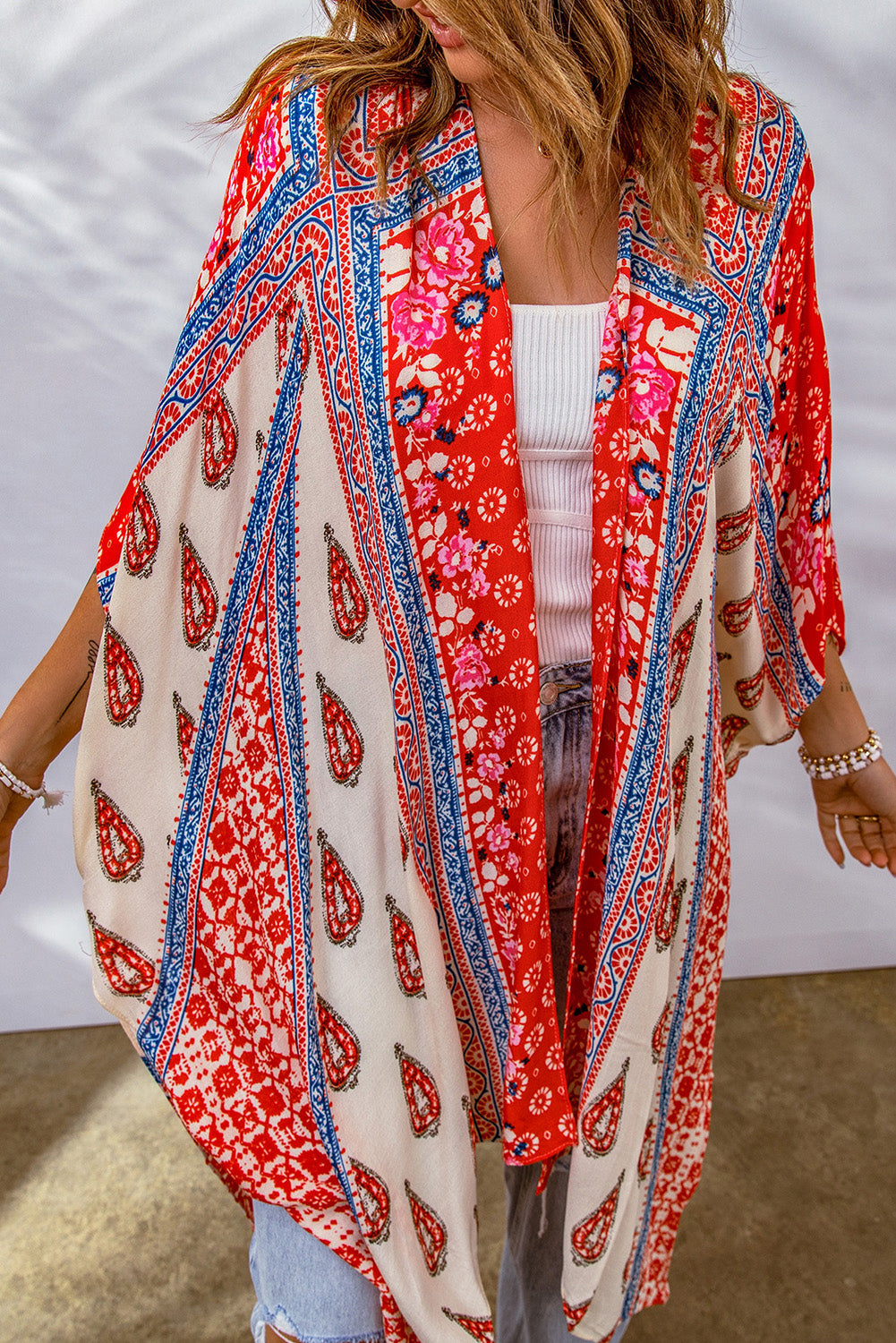 Red Long Paisley Print Kimono Beach Cover Up Kimono Kimonos JT's Designer Fashion