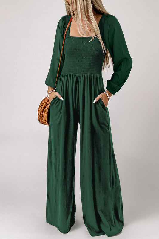 Green Smocked Square Neck Long Sleeve Wide Leg Jumpsuit Green 1-2-2-2 100%Polyester Jumpsuits & Rompers JT's Designer Fashion