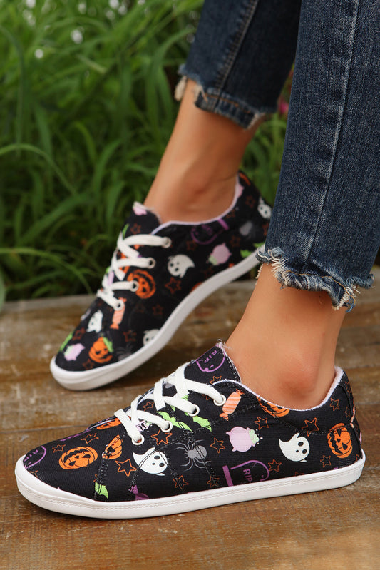 Black Happy Halloween Ghost Pumpkin Print Flat Shoes Women's Shoes JT's Designer Fashion