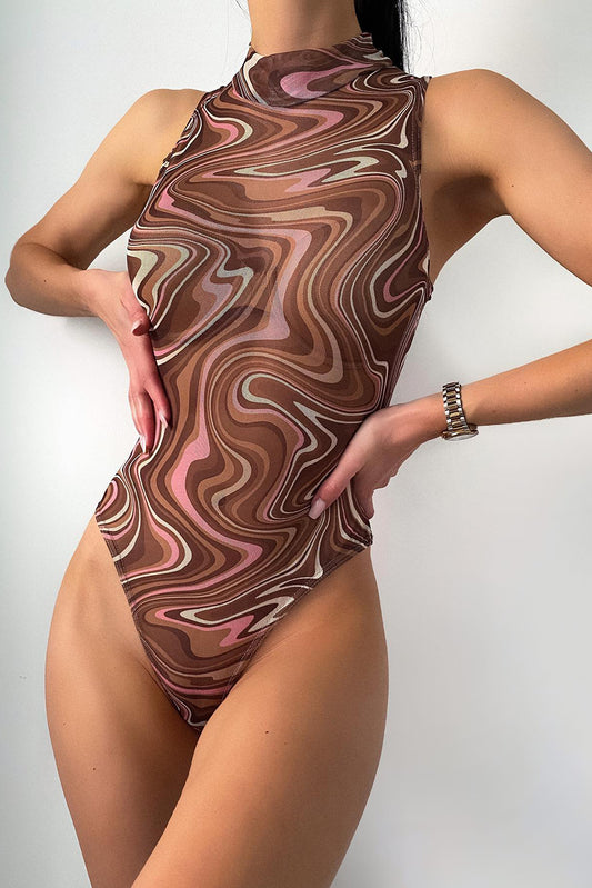Brown Abstract Swirl High Neck Mesh Sleeveless Bodysuit Brown 95%Polyester+5%Elastane Bodysuits JT's Designer Fashion