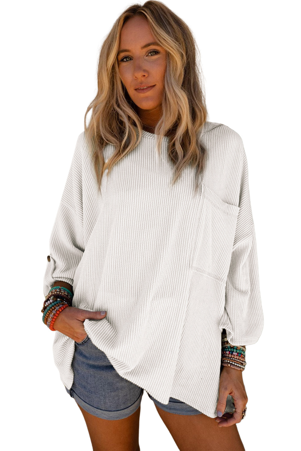 White Green Ribbed Roll-tab Sleeve Chest Pocket Oversize Top Tops & Tees JT's Designer Fashion