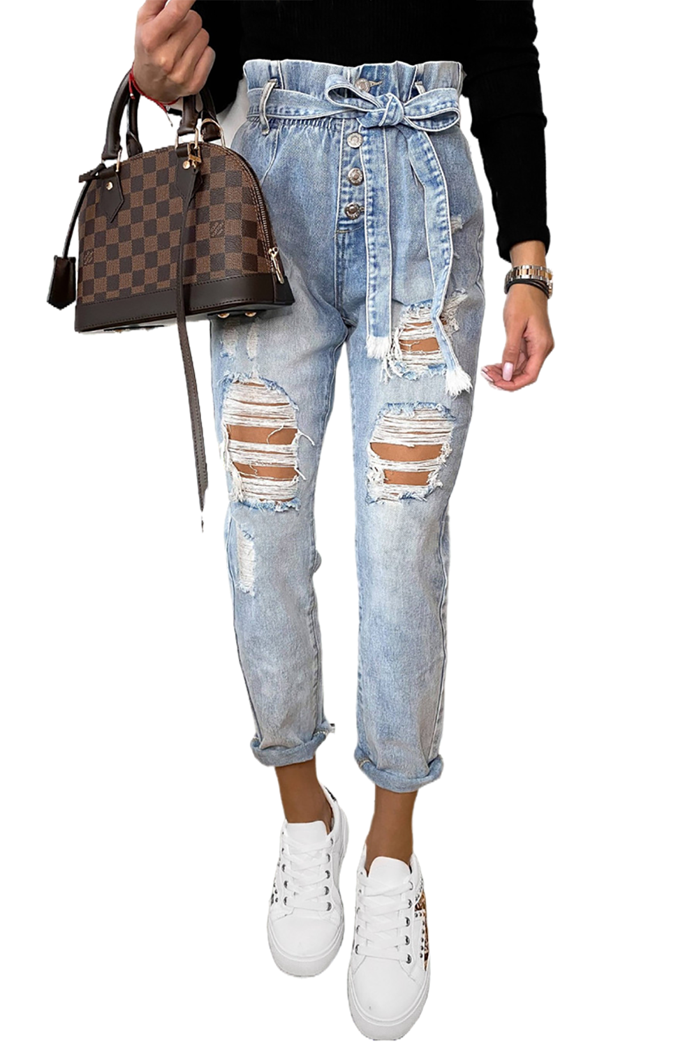 Belted Paper Bag Waist Holes Vintage Jeans Jeans JT's Designer Fashion