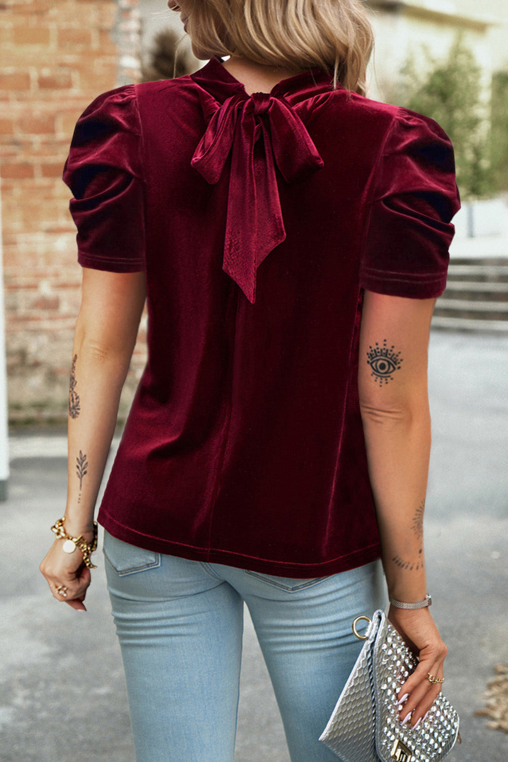 Red Dahlia Keyhole Bowknot Short Sleeve Velvet Top Pre Order Tops JT's Designer Fashion