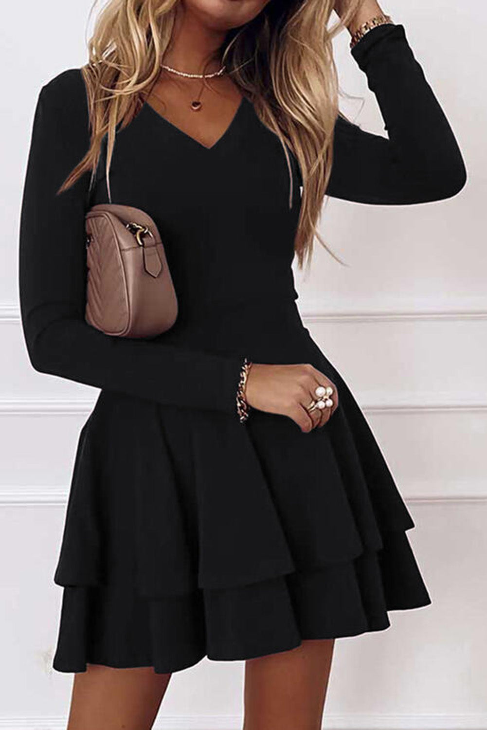 Long Sleeve V Neck Tiered Ruffle A-line Mini Dress Mini Dresses JT's Designer Fashion