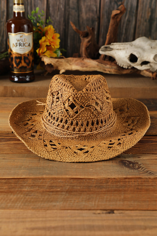Khaki Hollow-out Straw Cowboy Hat Hats & Caps JT's Designer Fashion