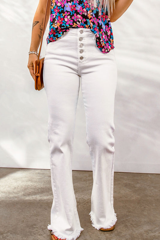 White Button Fly Raw Hem Flare Jeans Jeans JT's Designer Fashion