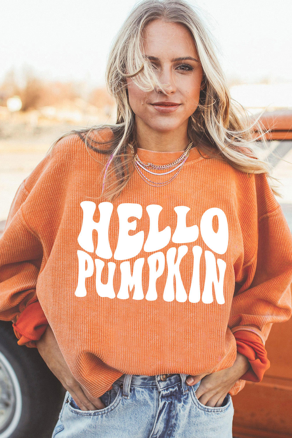 Orange HELLO PUMPKIN Letter Graphic Corded Sweatshirt Graphic Sweatshirts JT's Designer Fashion