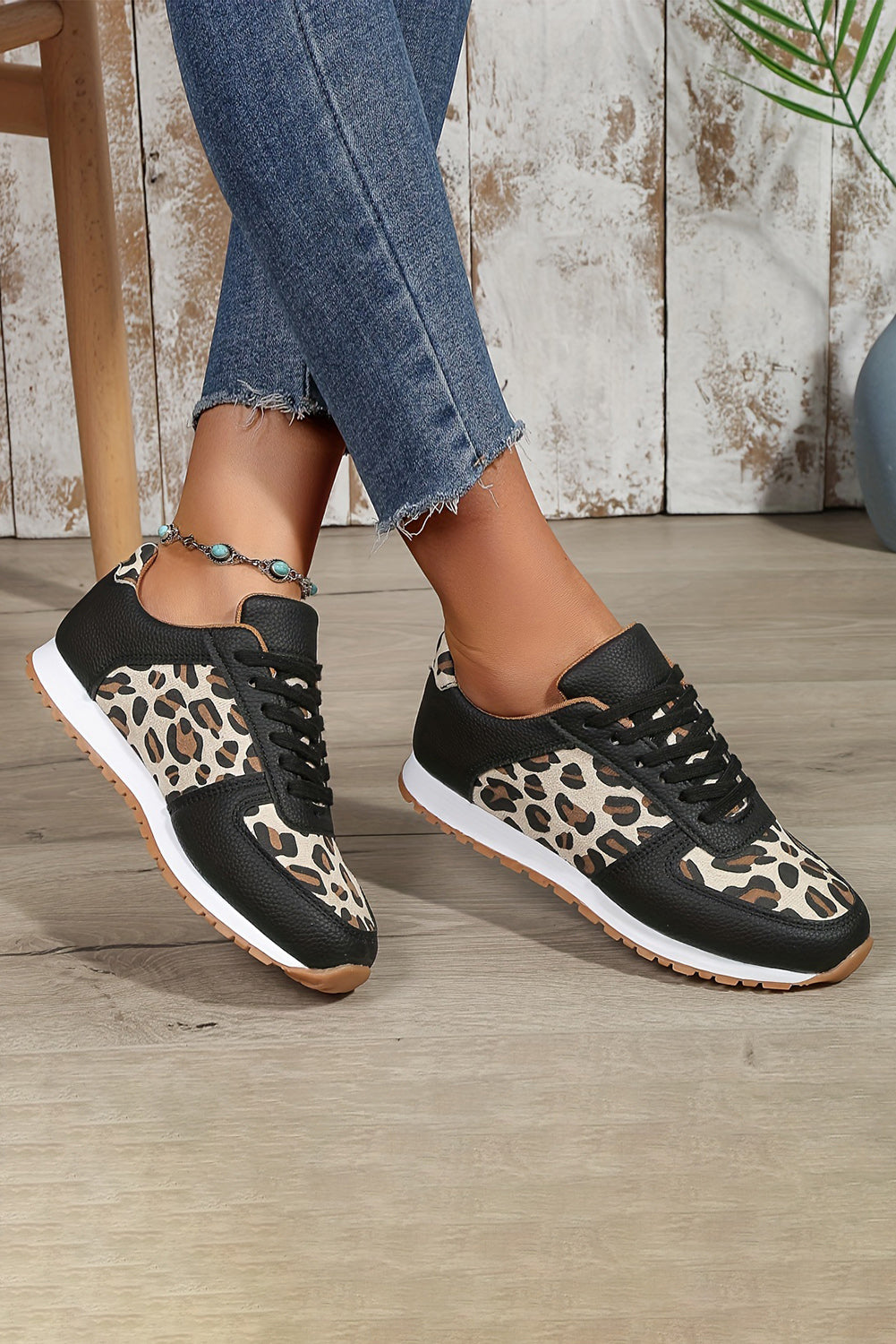 Black Casual Leopard Patchwork Lace up Sneakers Women's Shoes JT's Designer Fashion