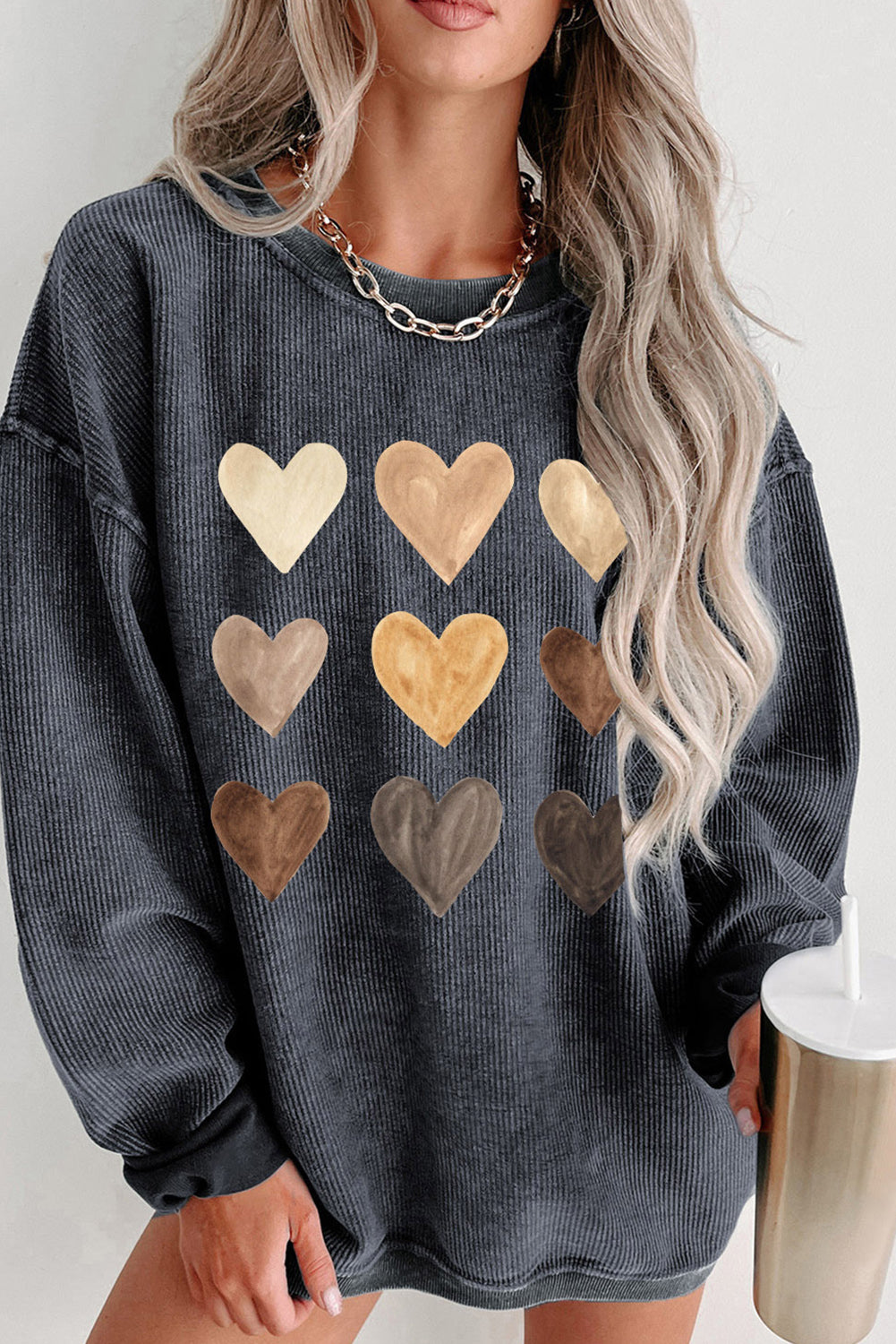 Gray Valentine Heart Graphic Corded Sweatshirt Gray 100%Polyester Graphic Sweatshirts JT's Designer Fashion