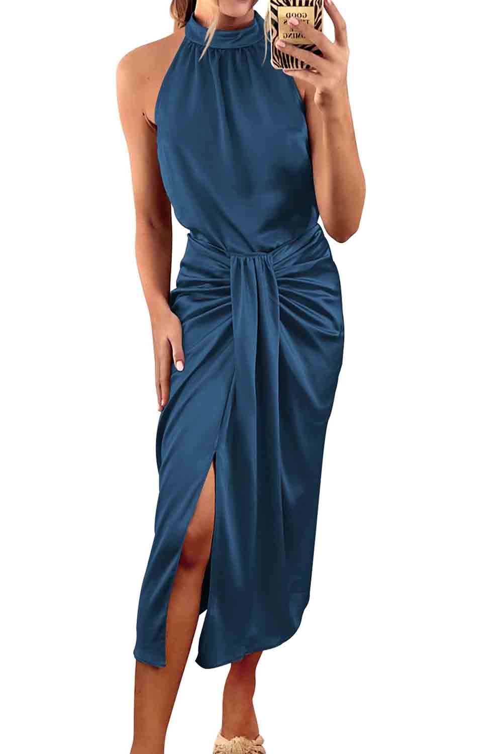 Blue Draped Ruched Halter Neck Midi Dress with Slit Dresses JT's Designer Fashion