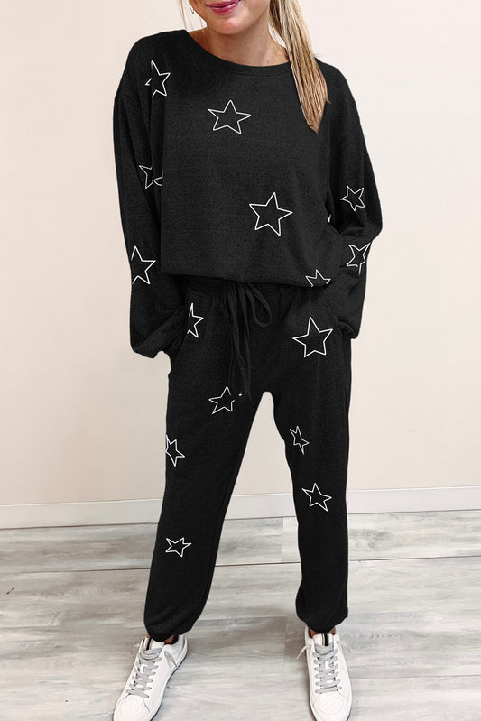 Black Stars Print Long Sleeve Drawstring High Waist Lounge Set Bottoms JT's Designer Fashion