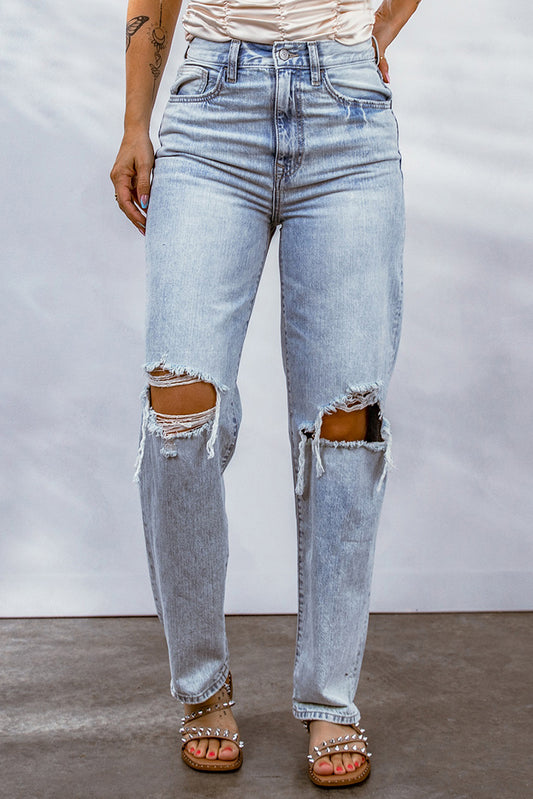 Sky Blue Hollow-out Knee Ripped Boyfriend Jeans Jeans JT's Designer Fashion