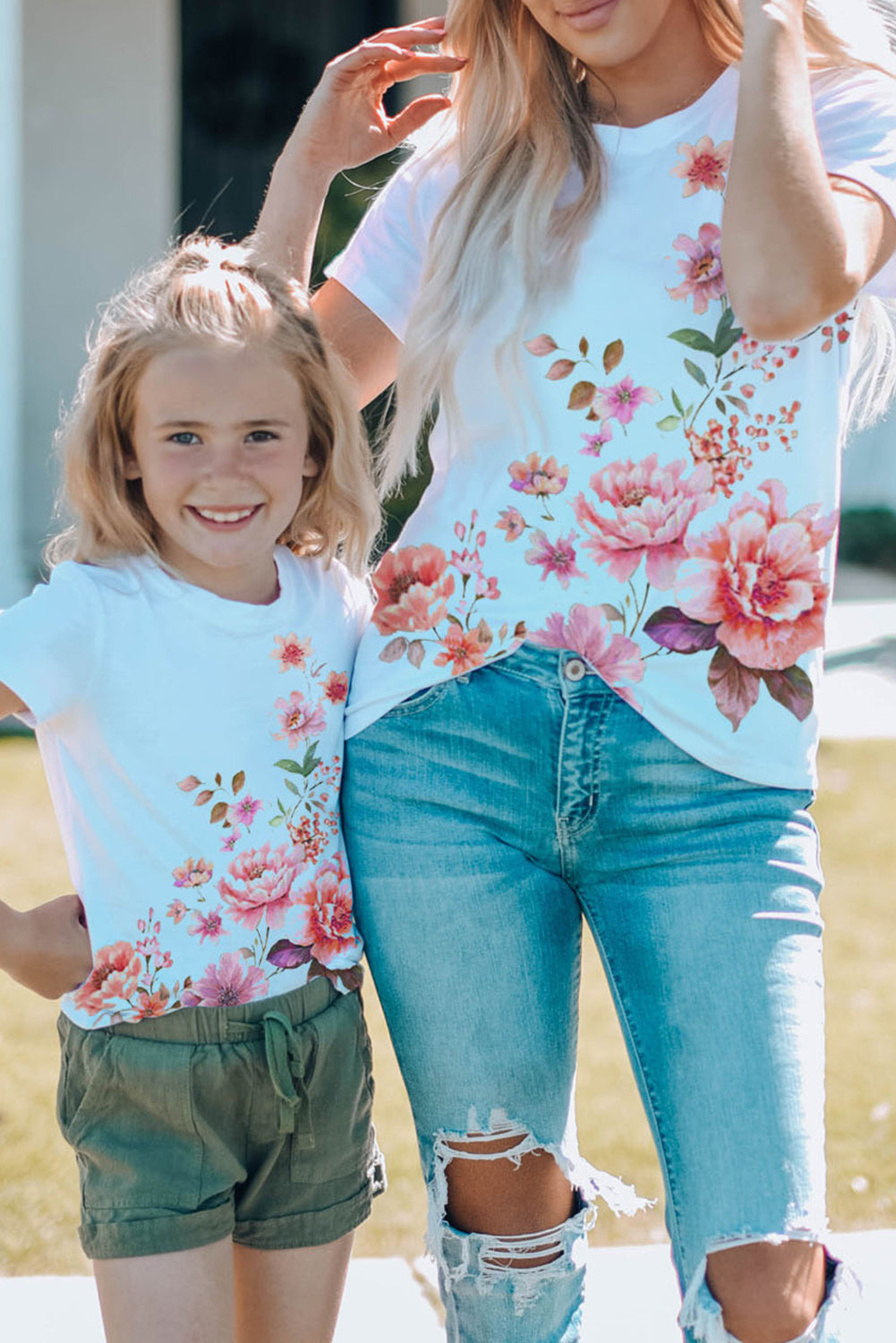 White Daughter and Me Floral Print Short Sleeve T Shirt White 95%Cotton+5%Elastane Family T-shirts JT's Designer Fashion