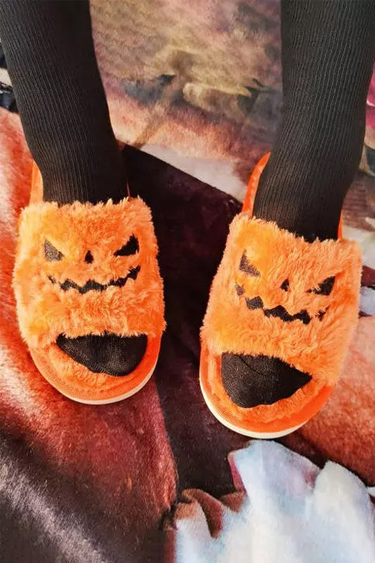 Yellow Fuzzy Halloween Pumpkin Open Toe Slippers Slippers JT's Designer Fashion