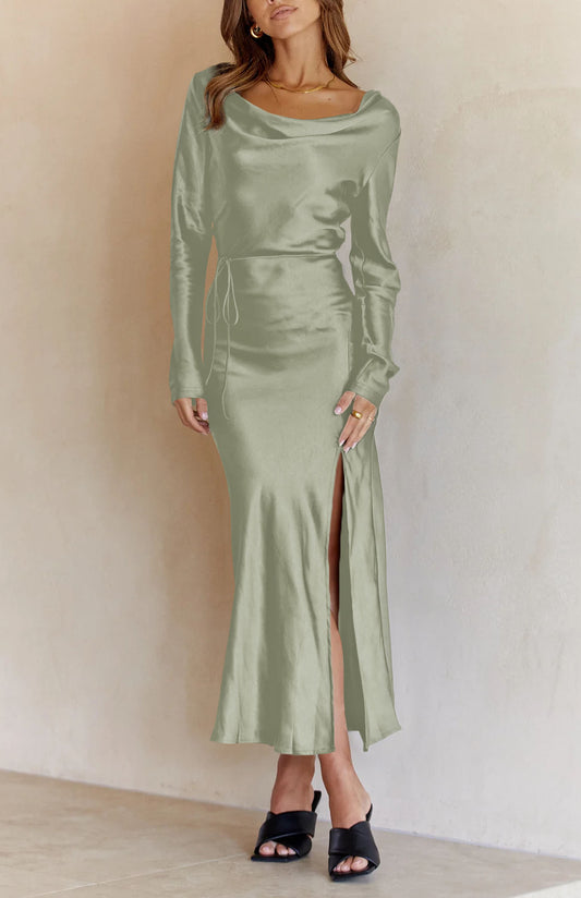 Green Drape Neck Tie Waist Long Sleeve Slit Dress Green 100%Polyester Maxi Dresses JT's Designer Fashion