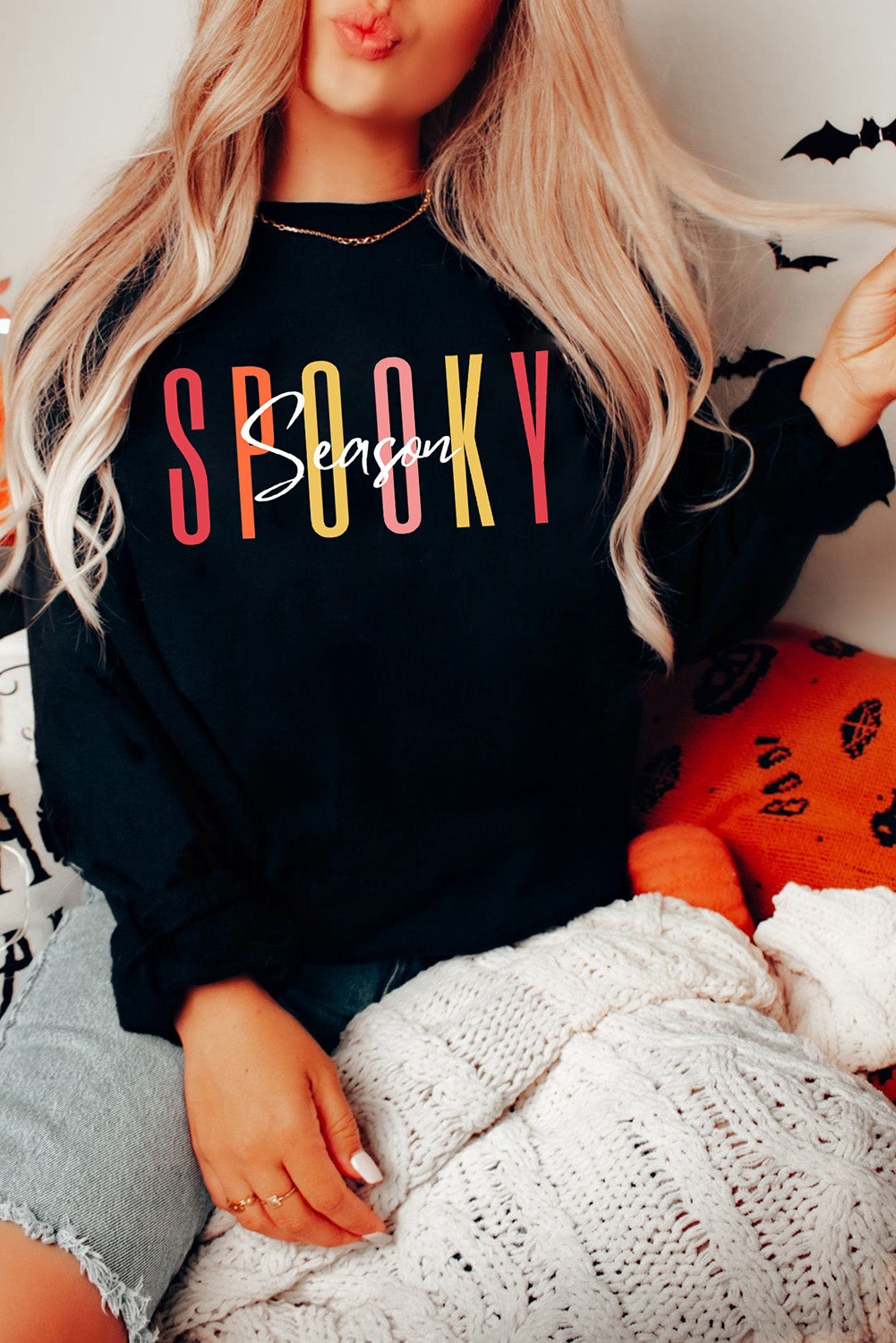 Black Spooky Season Halloween Fashion Graphic Sweatshirt Black 70%Polyester+30%Cotton Graphic Sweatshirts JT's Designer Fashion