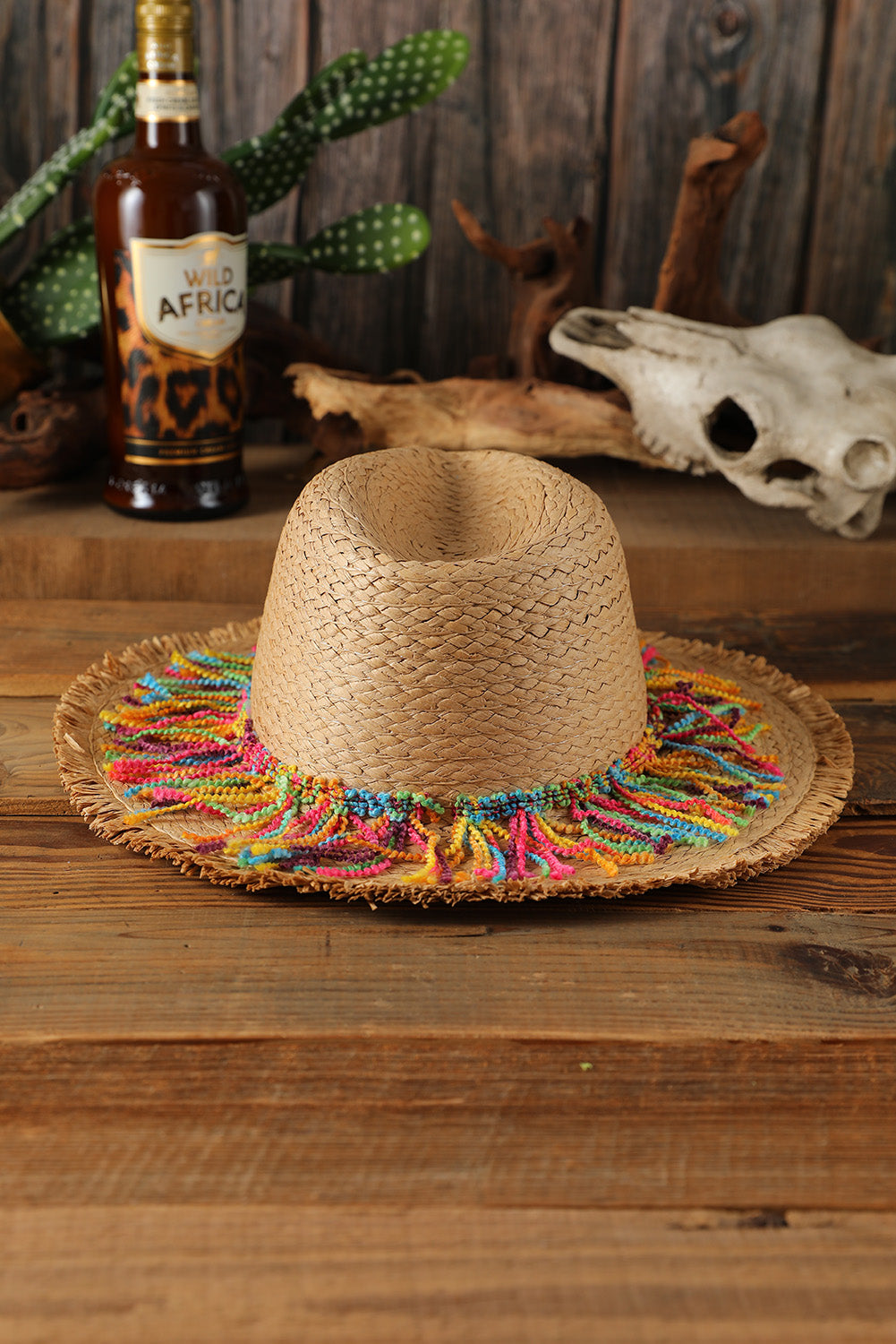 Khaki Straw Braid Fringe Beach Hat Hats & Caps JT's Designer Fashion